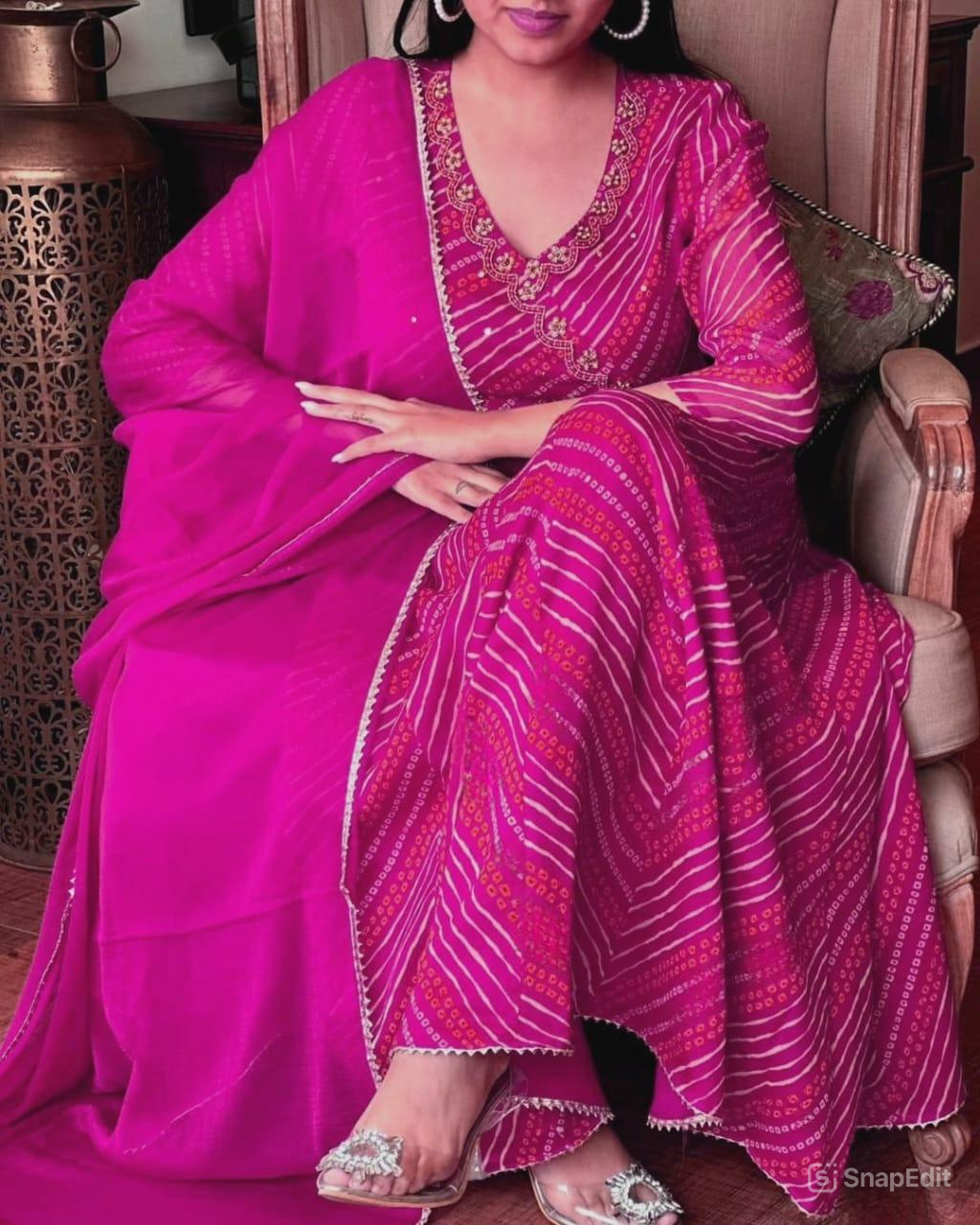 Pink Bandhej Cotton Anarkali Suit Set with Zardozi Work & Nazmin Dupatta