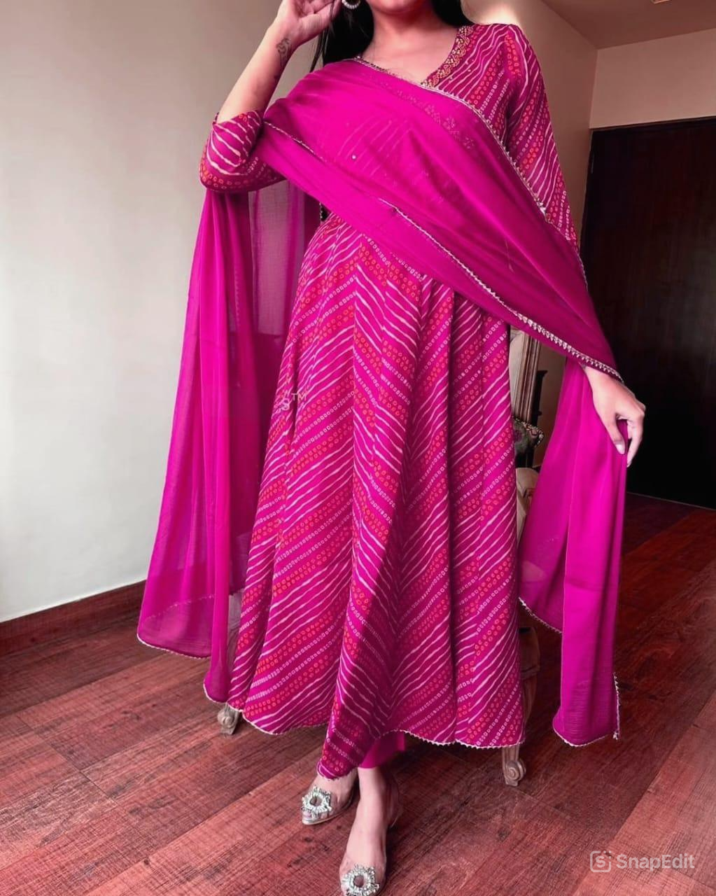 Pink Bandhej Cotton Anarkali Suit Set with Zardozi Work & Nazmin Dupatta