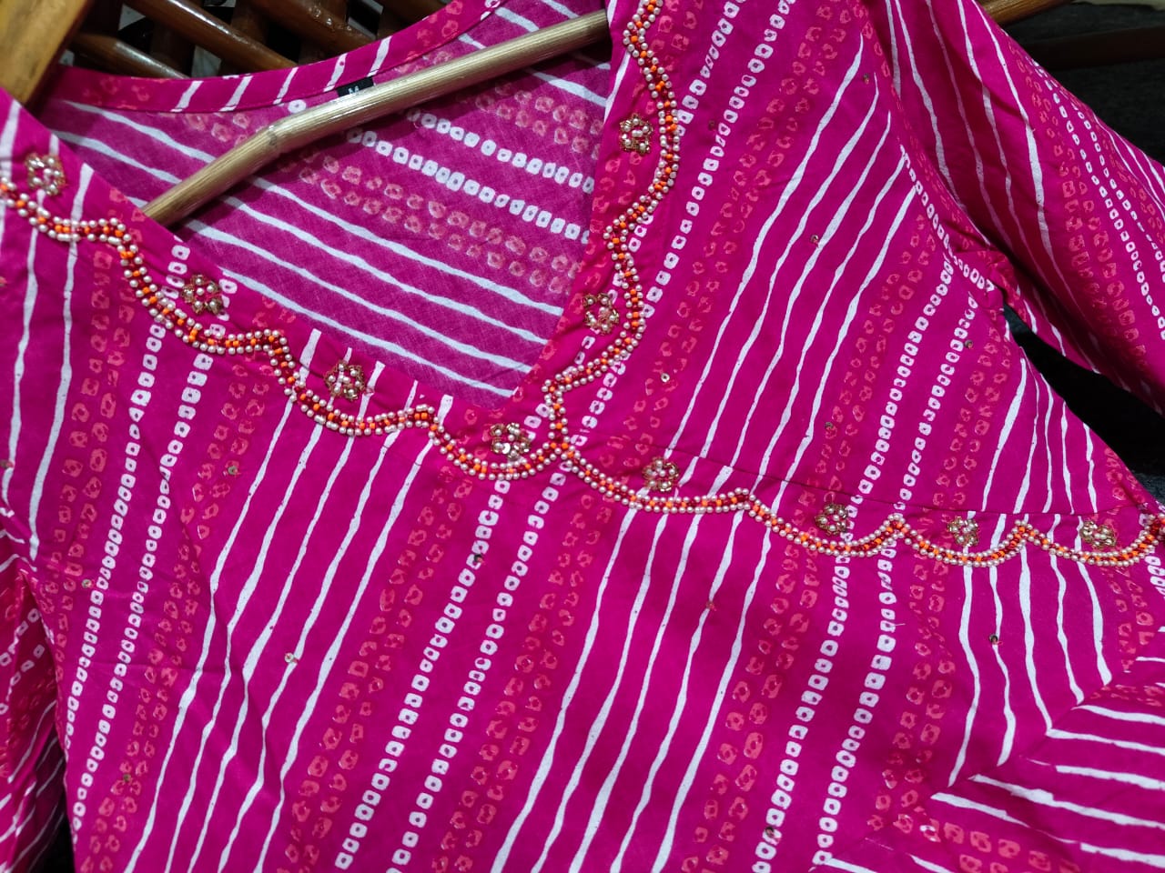 Pink Bandhej Cotton Anarkali Suit Set with Zardozi Work & Nazmin Dupatta