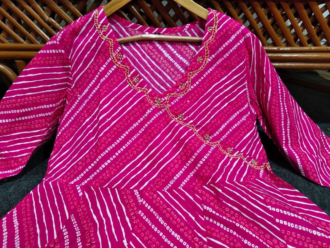 Pink Bandhej Cotton Anarkali Suit Set with Zardozi Work & Nazmin Dupatta