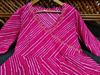 Pink Bandhej Cotton Anarkali Suit Set with Zardozi Work & Nazmin Dupatta