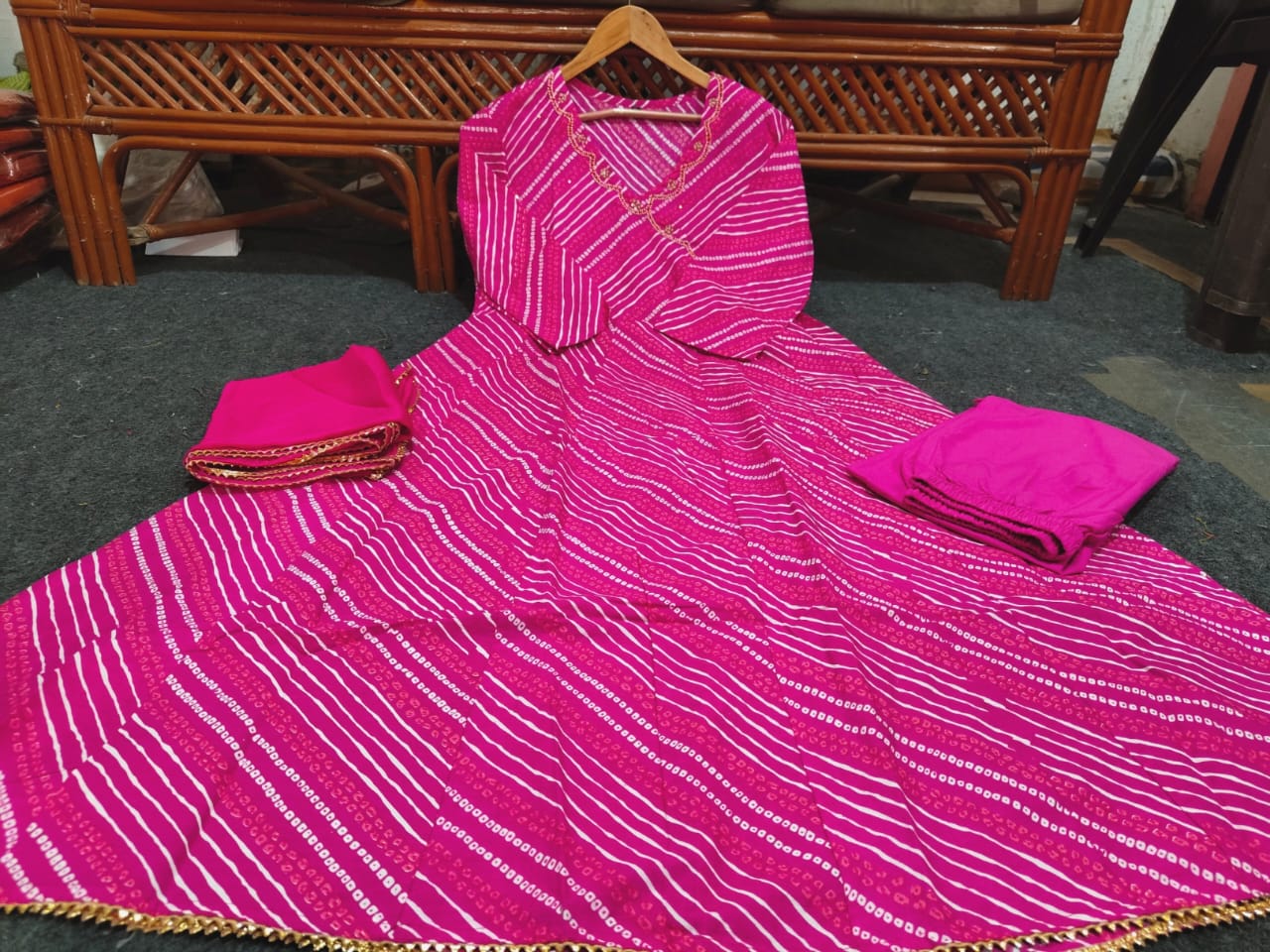 Pink Bandhej Cotton Anarkali Suit Set with Zardozi Work & Nazmin Dupatta