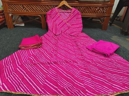 Pink Bandhej Cotton Anarkali Suit Set with Zardozi Work & Nazmin Dupatta
