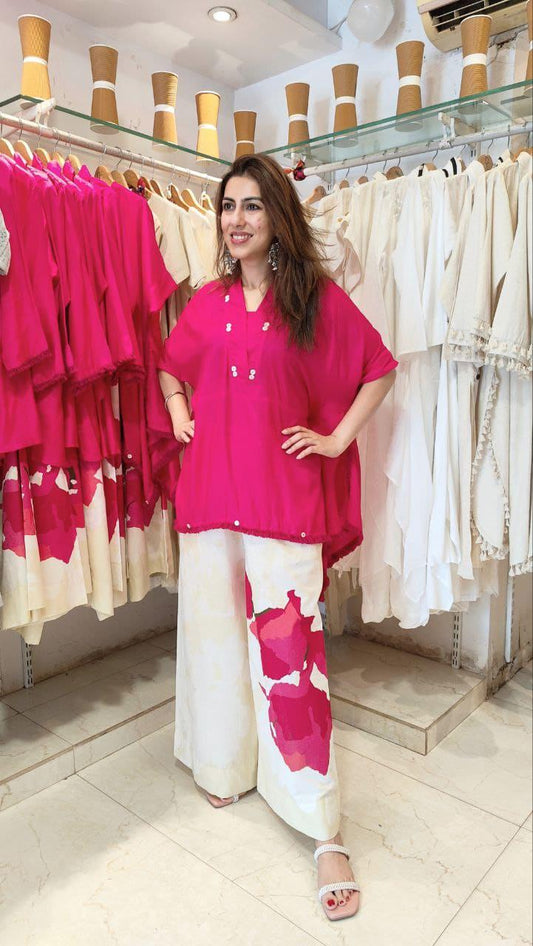 Pink Cotton Co-ord Set with Lace Work | Loose Fit Cord Set