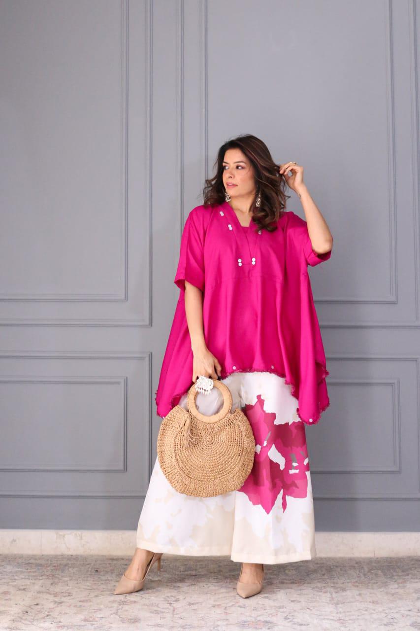 Pink Cotton Co-ord Set with Lace Work | Loose Fit Cord Set