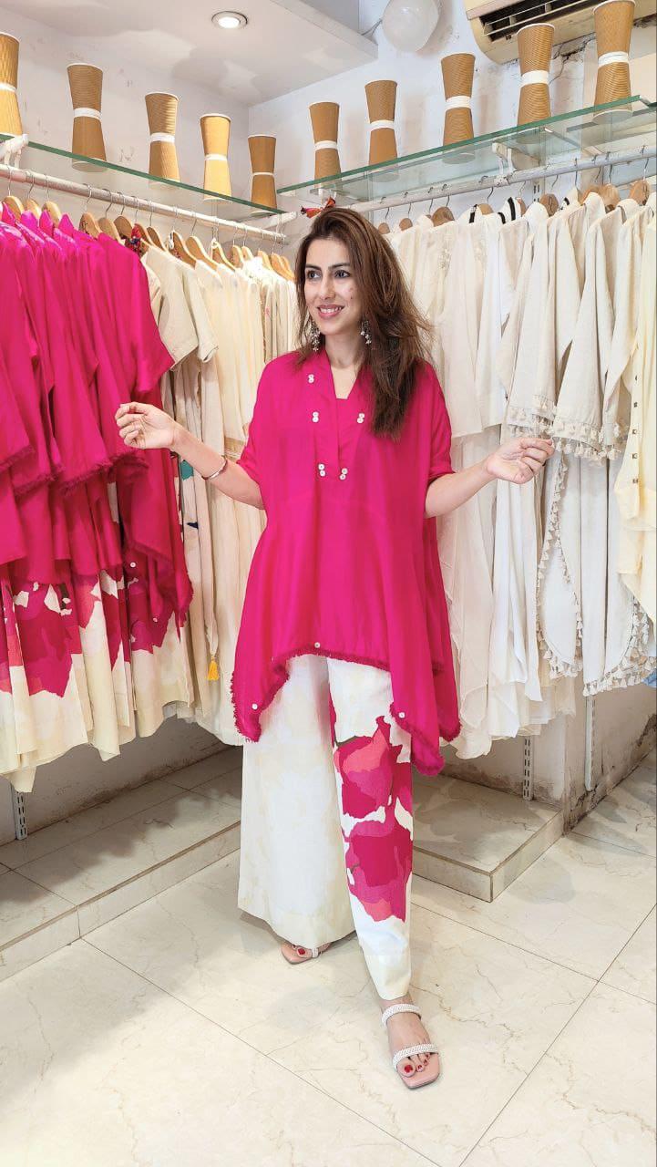 Pink Cotton Co-ord Set with Lace Work | Loose Fit Cord Set