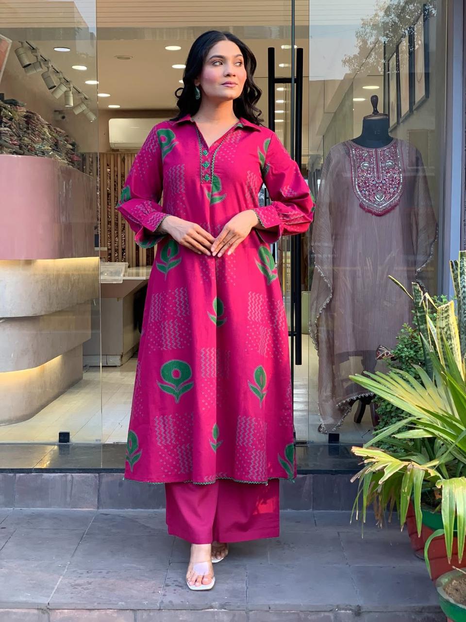 Pink Cotton Flex Kurta Pant Set with Button Work