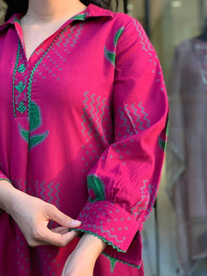 Pink Cotton Flex Kurta Pant Set with Button Work