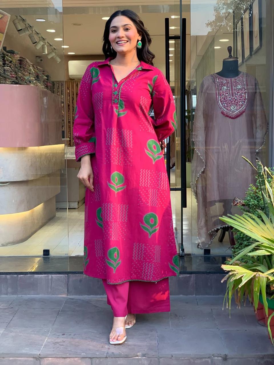 Pink Cotton Flex Kurta Pant Set with Button Work