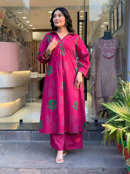 Pink Cotton Flex Kurta Pant Set with Button Work