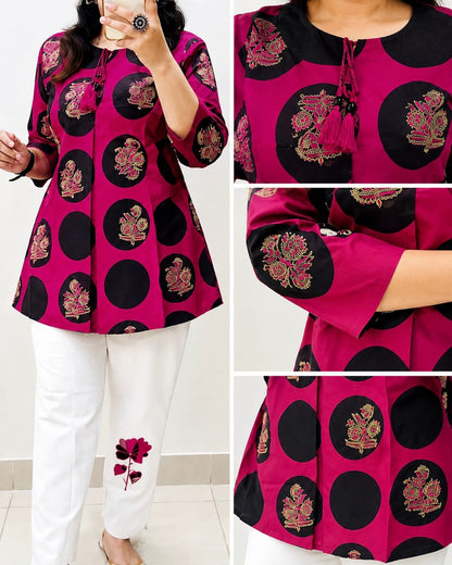 Pink Cotton Printed & Embroidered Katha Work Cord Set