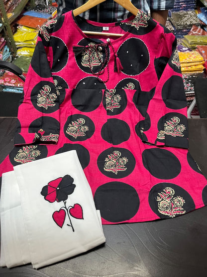 Pink Cotton Printed & Embroidered Katha Work Cord Set