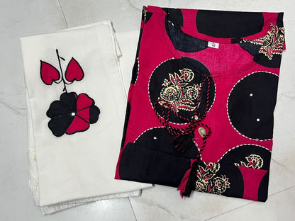 Pink Cotton Printed & Embroidered Katha Work Cord Set