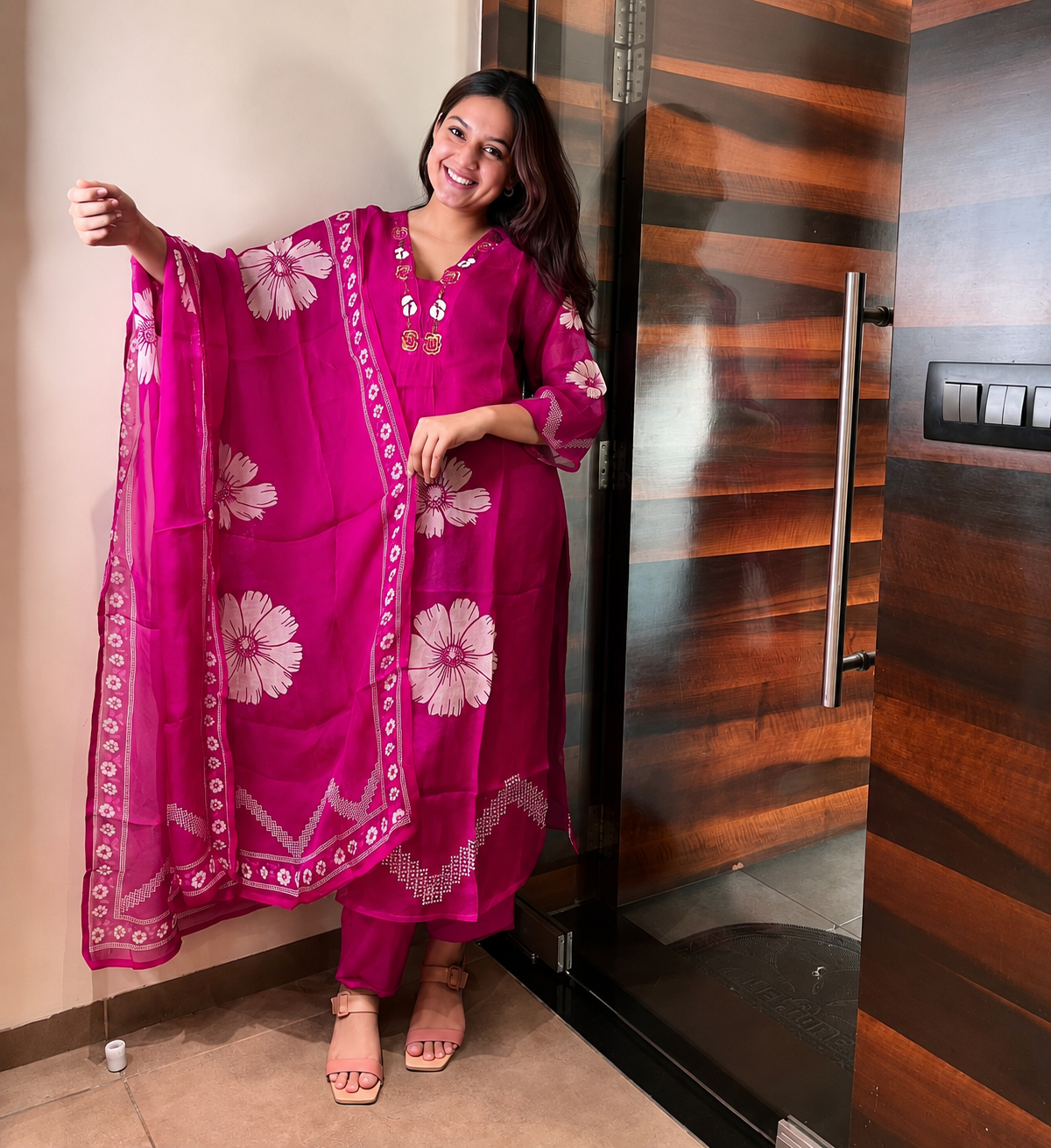 Pink Floral Print Cotton Kurti Pant Set with Malmal Dupatta