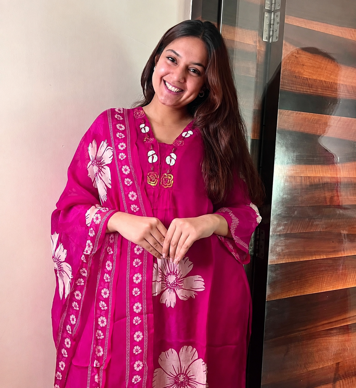 Pink Floral Print Cotton Kurti Pant Set with Malmal Dupatta