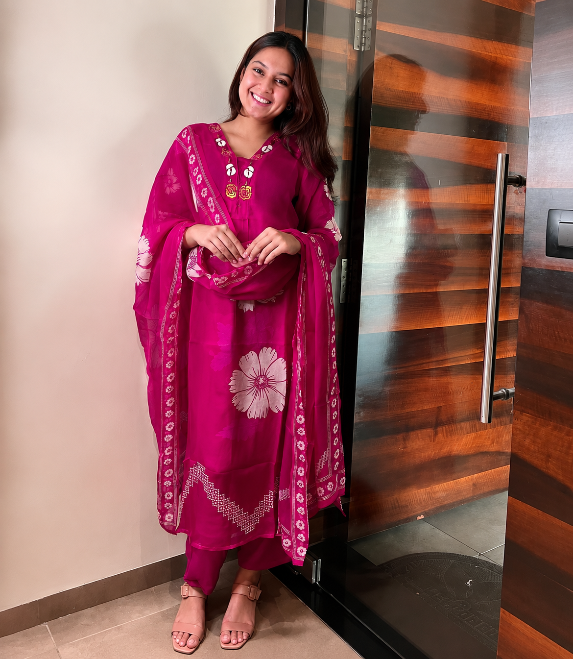 Pink Floral Print Cotton Kurti Pant Set with Malmal Dupatta