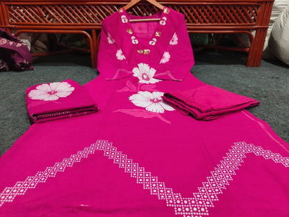 Pink Floral Print Cotton Kurti Pant Set with Malmal Dupatta