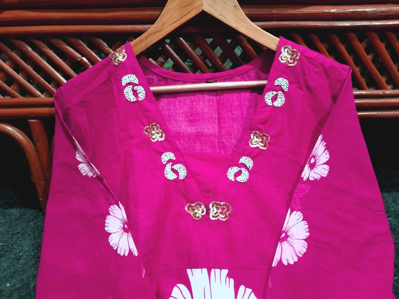 Pink Floral Print Cotton Kurti Pant Set with Malmal Dupatta