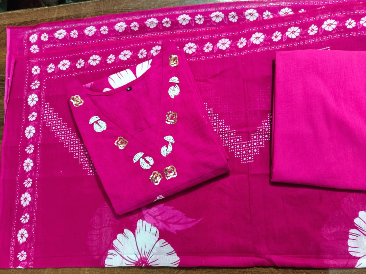 Pink Floral Print Cotton Kurti Pant Set with Malmal Dupatta