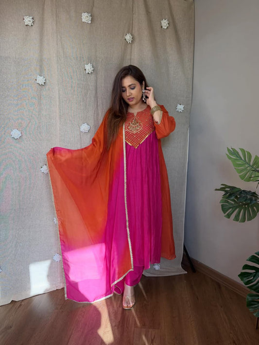 Pink & Orange Mul Chanderi Anarkali Set with Golden Work