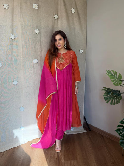 Pink & Orange Mul Chanderi Anarkali Set with Golden Work