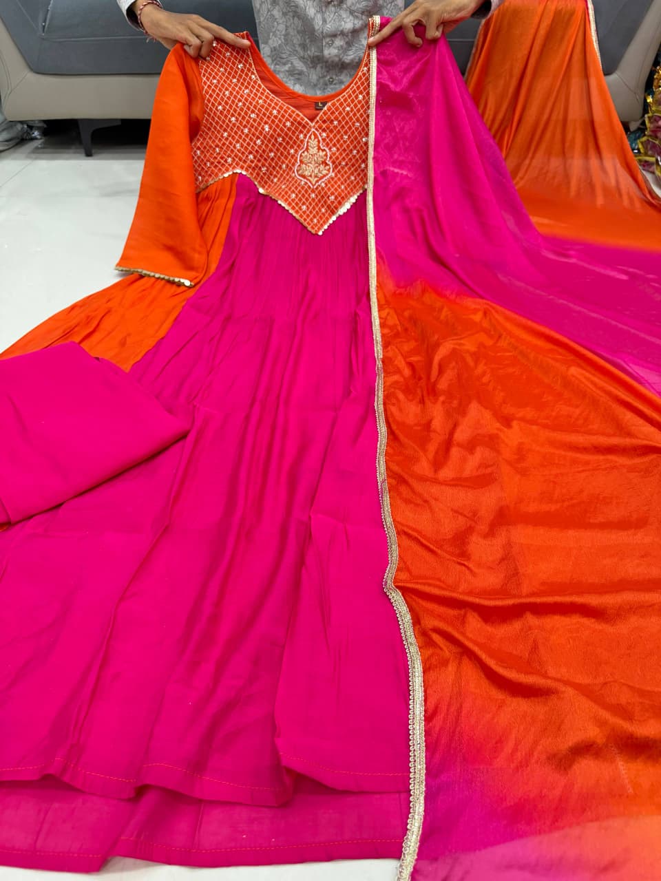 Pink & Orange Mul Chanderi Anarkali Set with Golden Work