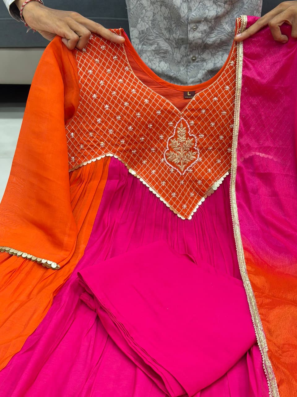 Pink & Orange Mul Chanderi Anarkali Set with Golden Work