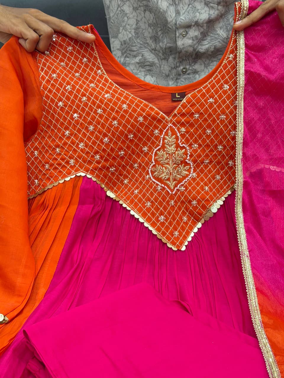 Pink & Orange Mul Chanderi Anarkali Set with Golden Work