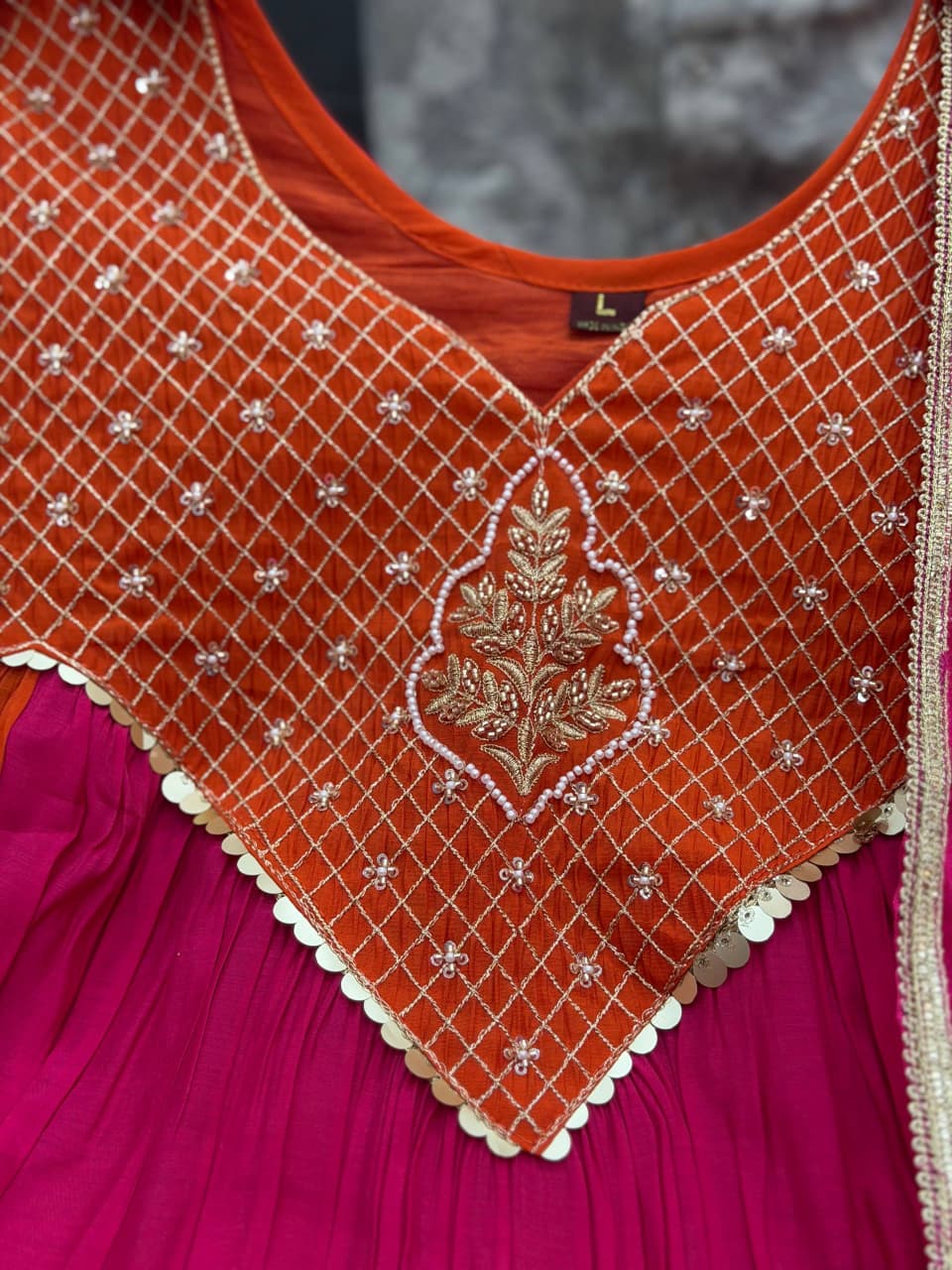 Pink & Orange Mul Chanderi Anarkali Set with Golden Work