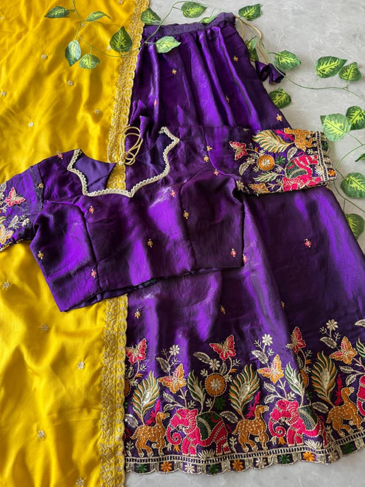 Pipe Embroidery Animal Theme Halfsaree Lehenga with Scalloped Dupatta