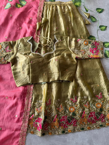 Pipe Embroidery Animal Theme Halfsaree Lehenga with Scalloped Dupatta