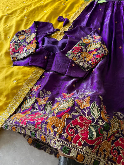 Pipe Embroidery Animal Theme Halfsaree Lehenga with Scalloped Dupatta