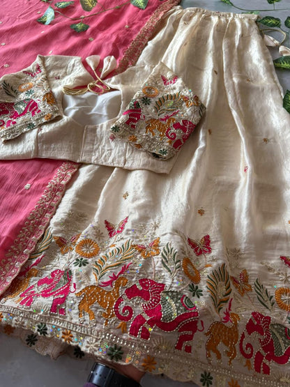 Pipe Embroidery Animal Theme Halfsaree Lehenga with Scalloped Dupatta
