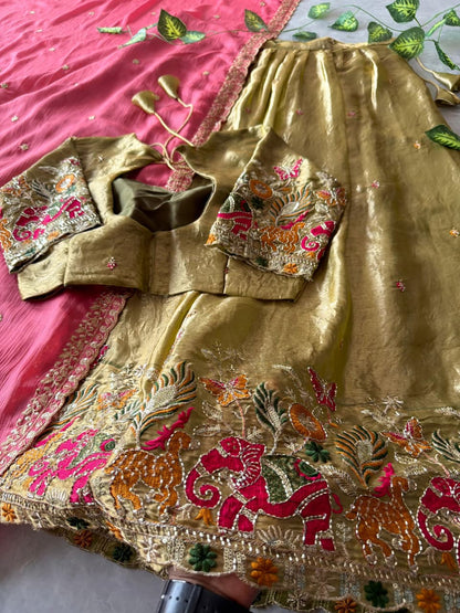 Pipe Embroidery Animal Theme Halfsaree Lehenga with Scalloped Dupatta