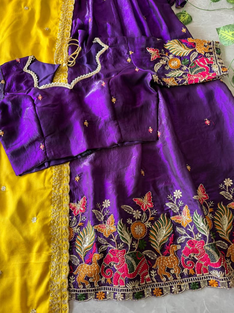 Pipe Embroidery Animal Theme Halfsaree Lehenga with Scalloped Dupatta