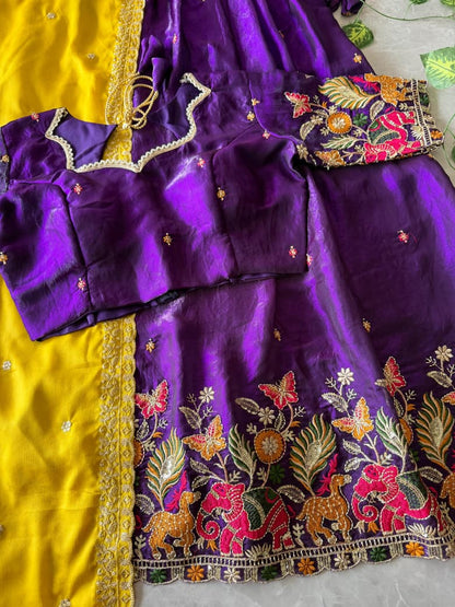 Pipe Embroidery Animal Theme Halfsaree Lehenga with Scalloped Dupatta