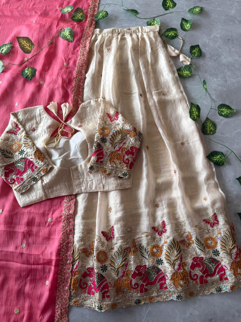Pipe Embroidery Animal Theme Halfsaree Lehenga with Scalloped Dupatta