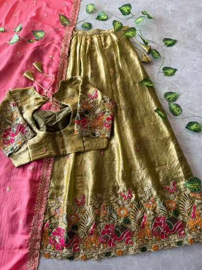 Pipe Embroidery Animal Theme Halfsaree Lehenga with Scalloped Dupatta