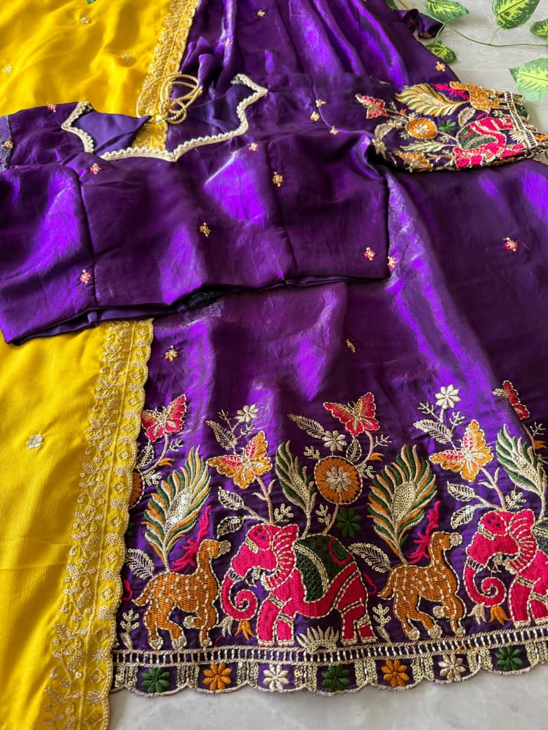 Pipe Embroidery Animal Theme Halfsaree Lehenga with Scalloped Dupatta