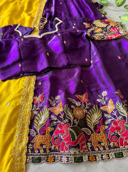 Pipe Embroidery Animal Theme Halfsaree Lehenga with Scalloped Dupatta