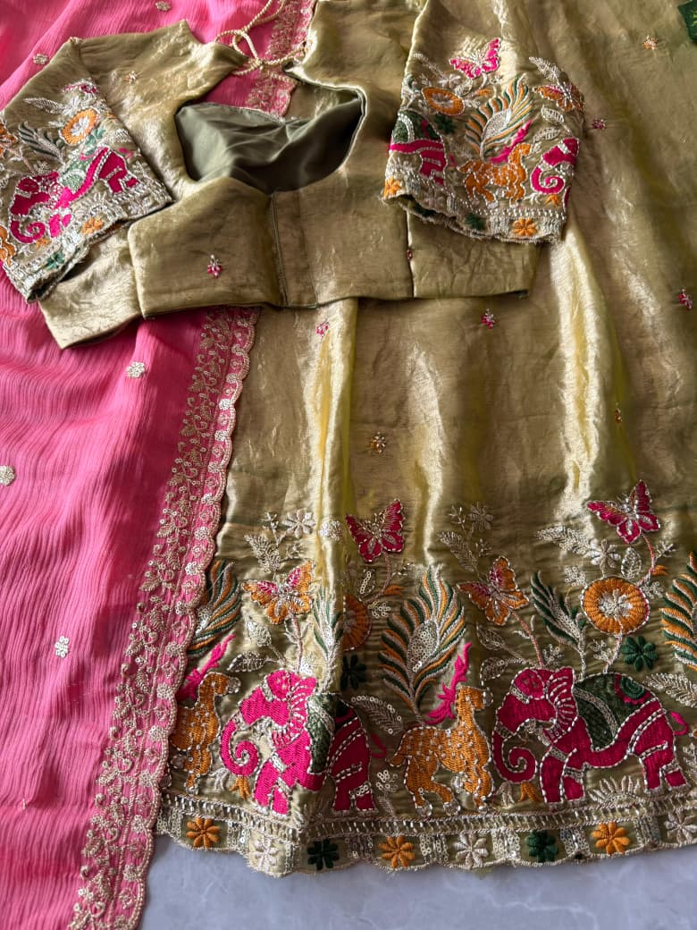 Pipe Embroidery Animal Theme Halfsaree Lehenga with Scalloped Dupatta