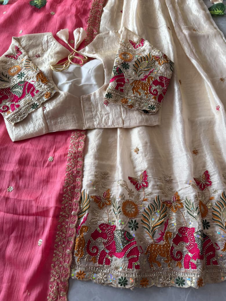 Pipe Embroidery Animal Theme Halfsaree Lehenga with Scalloped Dupatta