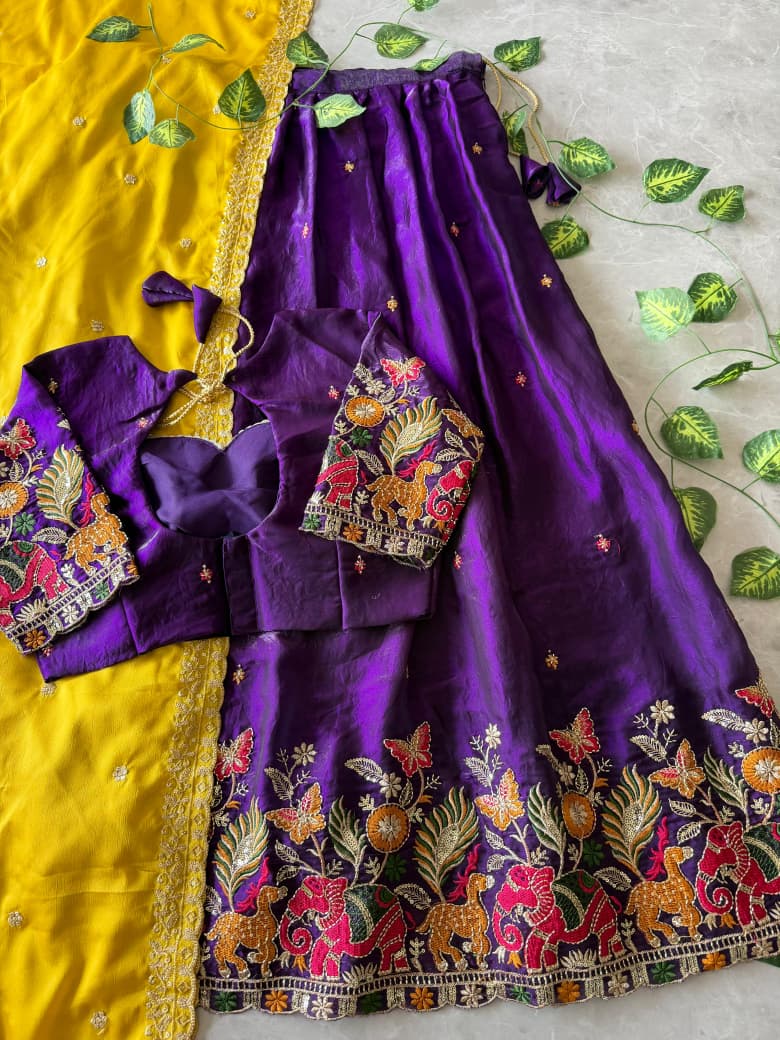 Pipe Embroidery Animal Theme Halfsaree Lehenga with Scalloped Dupatta