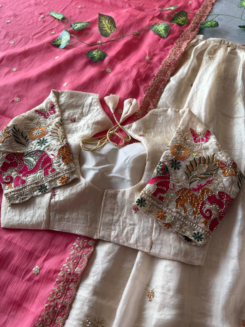 Pipe Embroidery Animal Theme Halfsaree Lehenga with Scalloped Dupatta