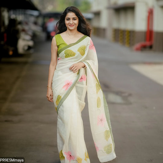 Plain Linen Digital Print Saree with Blouse