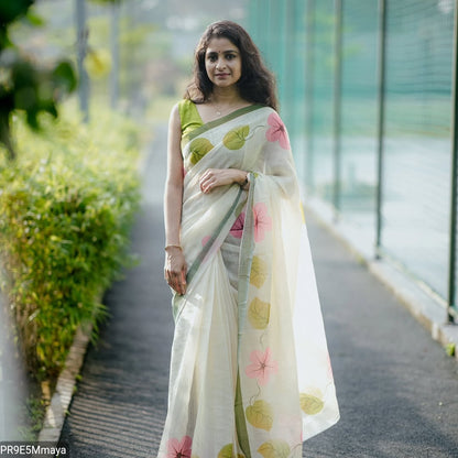 Plain Linen Digital Print Saree with Blouse