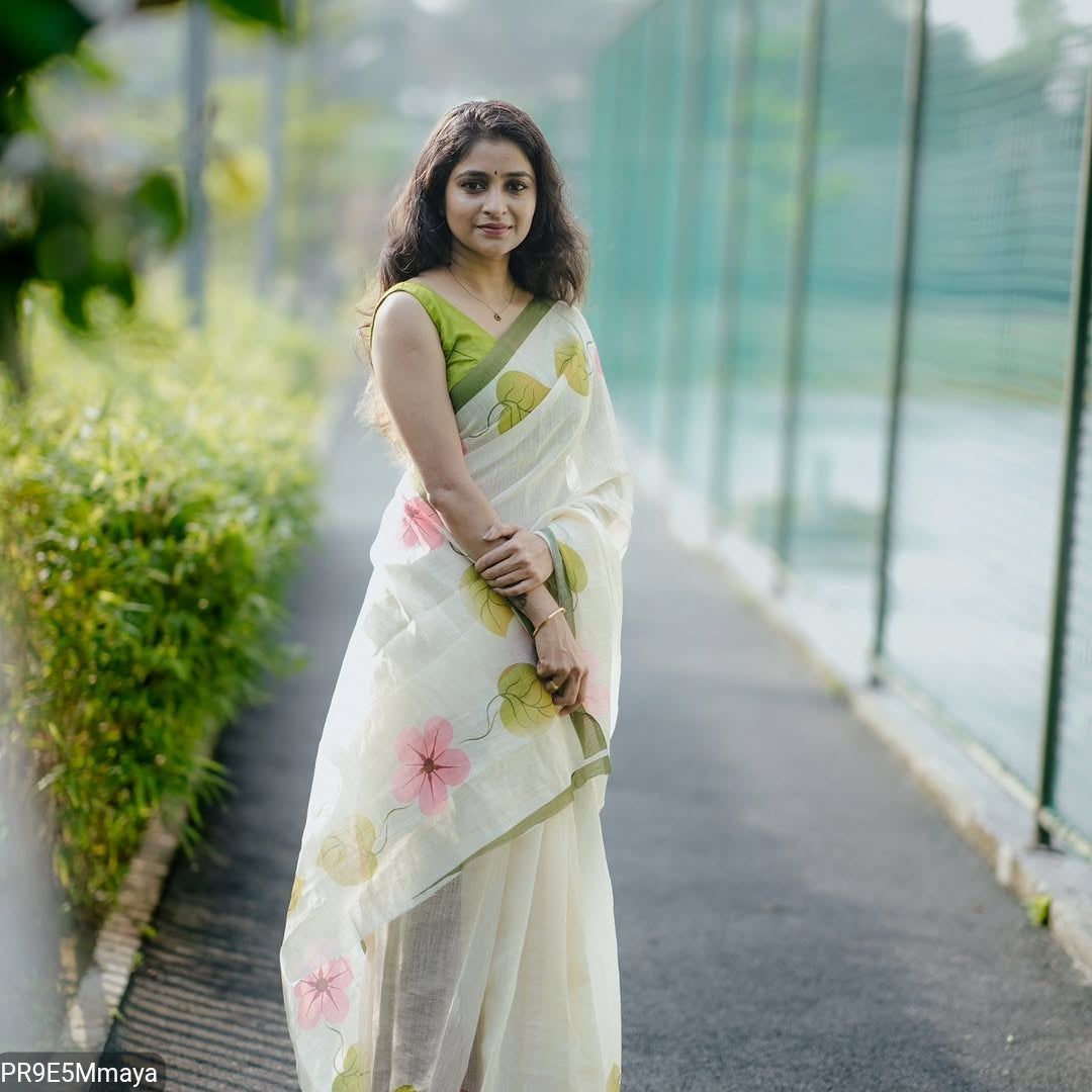 Plain Linen Digital Print Saree with Blouse