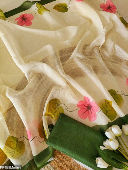Plain Linen Digital Print Saree with Blouse