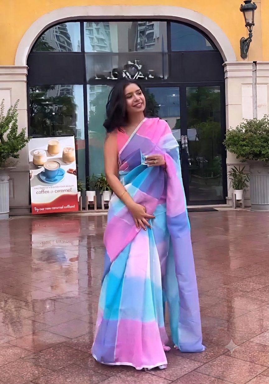 Plain Linen Saree with Printed Fumka Latakan & Satin Blouse