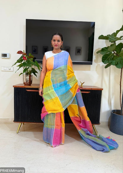 Plain Linen Saree with Printed Fumka Latakan & Satin Blouse